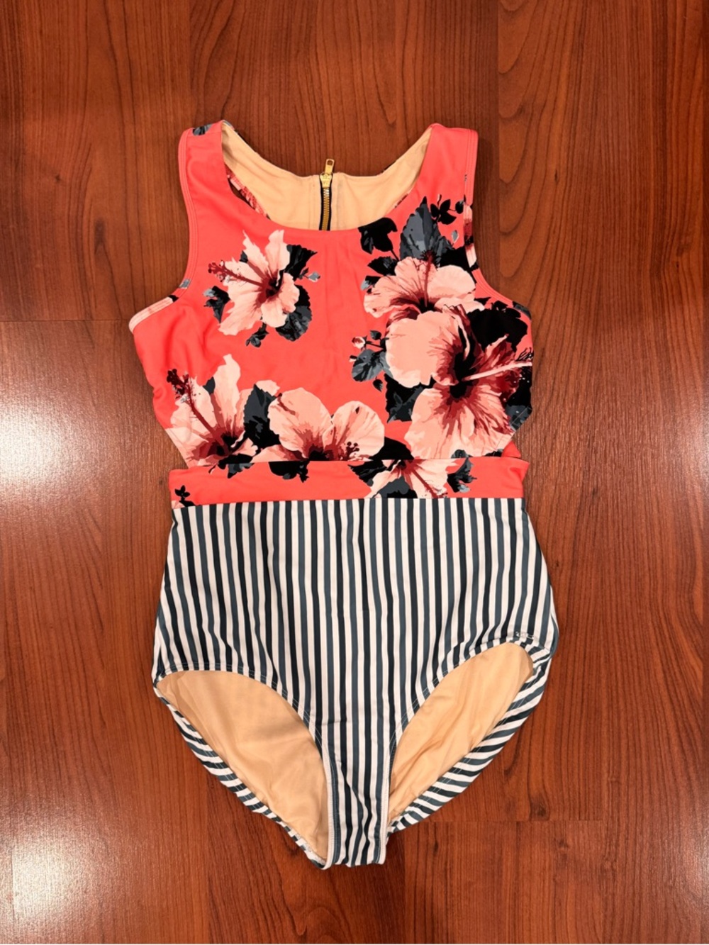 Albion Coral Floral Top & Teal Stripe One-Piece Swimsuit size XL
